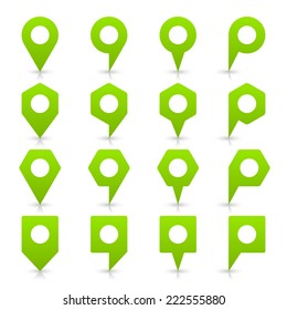 Green blank map pin sign location icon with white empty space and gray shadow, reflection on white background in simple flat style. Web design element in vector illustration 8 eps