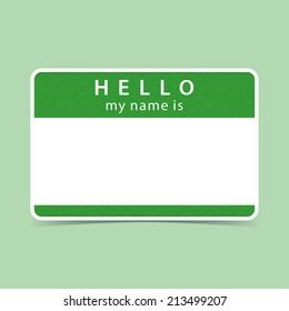 Green Blank Name Tag Sticker HELLO My Name Is. Rounded Rectangular Badge With Gray Drop Shadow On Color Background. Vector Illustration Clip-art Element For Design In 10 Eps