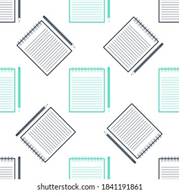 Green Blank notebook and pencil with eraser icons isolated seamless pattern on white background. Vector.