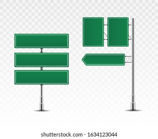 Green blank road sign, banners mockup with place for text or symbol. Empty street signs, green highlighted on a white background. Flat design. Vector illustration, EPS 10.