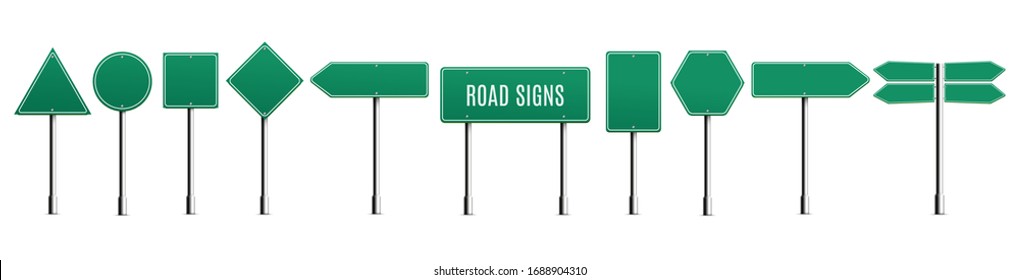 Green blank road signs in different shapes set, realistic vector illustration isolated on white background. Traffic or highway direction signboards collection.