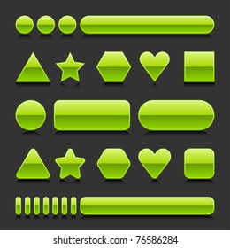 Green blank web 2.0 geometric shape button glossy various form with black reflection on gray background
