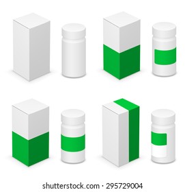 Green and blank white design medicine bottle and cardboard packaging for pills. Vector illustration