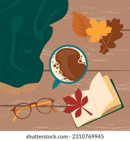 Green blanket, leaves, book, glasses and coffee on wood table. Picture in autumn style for poster, card or flyer. Hand drawn vector illustration.