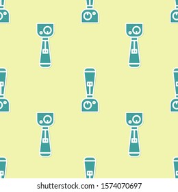 Green Blender icon isolated seamless pattern on yellow background. Kitchen electric stationary blender with bowl. Cooking smoothies, cocktail or juice.  Vector Illustration