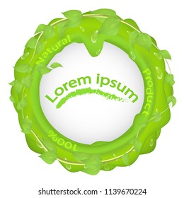 Green BLOB with branches leaves and dew drops and the inscription 100 natural product, with a place under the text in the middle isolated on a white background, label, packaging, clipart