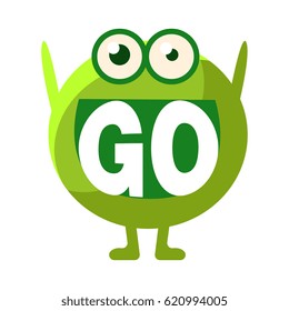 Green Blob Saying Go, Cute Emoji Character With Word In The Mouth Instead Of Teeth, Emoticon Message