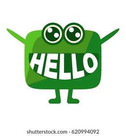 Green Blob Saying Hello, Cute Emoji Character With Word In The Mouth Instead Of Teeth, Emoticon Message