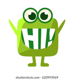 Green Blob Saying Hi, Cute Emoji Character With Word In The Mouth Instead Of Teeth, Emoticon Message