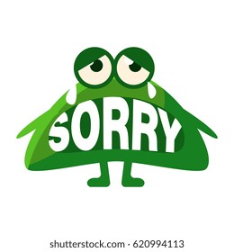 Green Blob Saying Sorry, Cute Emoji Character With Word In The Mouth Instead Of Teeth, Emoticon Message