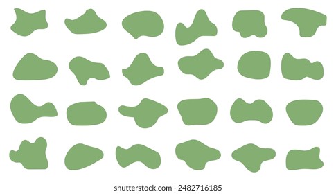 Green blob set. Deform fluid organic shape. Amoeba silhouette. Vector . Abstract green organic amoeba blob shape with vector illustration. Collection of irregular round stain shape graphic elements. 