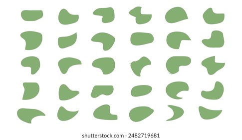 Green blob set. Deform fluid organic shape. Amoeba silhouette. Vector . Organic blobs set icon. Random shapes cube drop. Collection of irregular round stain shape graphic elements.