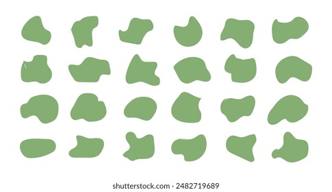 Green blob set. Deform fluid organic shape. Amoeba silhouette. Vector . Organic blobs set icon. Random shapes cube drop. Collection of irregular round stain shape graphic elements.