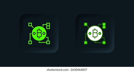 Icono de Bitcoin de tecnología Blockchain verde aislado sobre fondo negro. Abstractas negocio de tecnología de red de bloques geométricos. Botón cuadrado negro. Vector