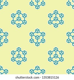 Green Blockchain technology icon isolated seamless pattern on yellow background. Cryptocurrency data sign. Abstract geometric block chain network technology business. Flat design. Vector Illustration