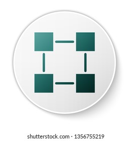 Green Blockchain technology icon isolated on white background. Cryptocurrency data sign. Abstract geometric block chain network technology business. White circle button. Vector Illustration