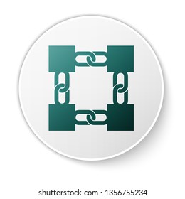 Green Blockchain technology icon isolated on white background. Cryptocurrency data sign. Abstract geometric block chain network technology business. White circle button. Vector Illustration