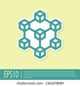 Green Blockchain technology icon isolated on yellow background. Cryptocurrency data sign. Abstract geometric block chain network technology business. Flat design. Vector Illustration