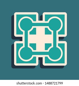 Green Blockchain technology icon isolated on blue background. Cryptocurrency data. Abstract geometric block chain network technology business. Long shadow style. Vector Illustration