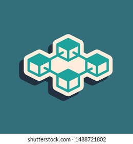 Green Blockchain technology icon isolated on blue background. Cryptocurrency data. Abstract geometric block chain network technology business. Long shadow style. Vector Illustration