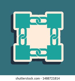 Green Blockchain technology icon isolated on blue background. Cryptocurrency data. Abstract geometric block chain network technology business. Long shadow style. Vector Illustration