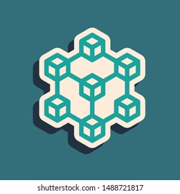 Green Blockchain technology icon isolated on blue background. Cryptocurrency data. Abstract geometric block chain network technology business. Long shadow style. Vector Illustration