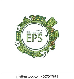Green bloom city, round eco template, planting of greenery theme