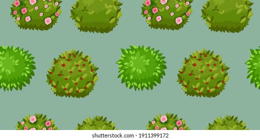 Green blooming bush vector gardening seamless pattern with blossom, leaves, berries. Forest, nature loopable background, vegetation texture, landscape repeat objects. Spring bush hedge olive pattern