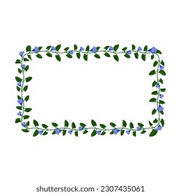 Green blooming liana plant frame with blue flowers. Cartoon rectangular horizontal border for greeting card decorating, invitation cards. Colored vector isolated on white background