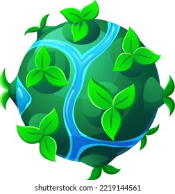 Green blooming planet icon. Cartoon eco space symbol