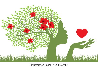 green blossom tree holding red heart, vector 