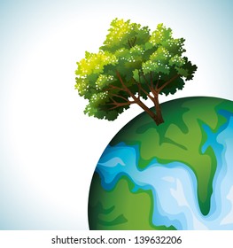 Green blossom tree on a globe. Environmental problem.
