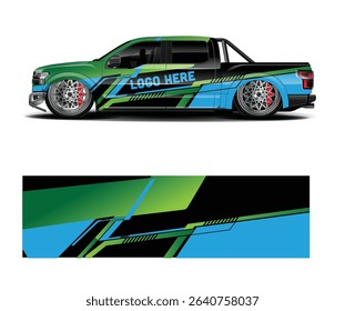 Green and blue abstract design wrap for a pickup truck. Customizable template for vehicle branding.