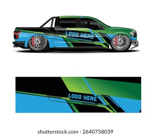 Green and blue abstract racing design wrap for a pickup truck. Customizable template for vehicle branding.