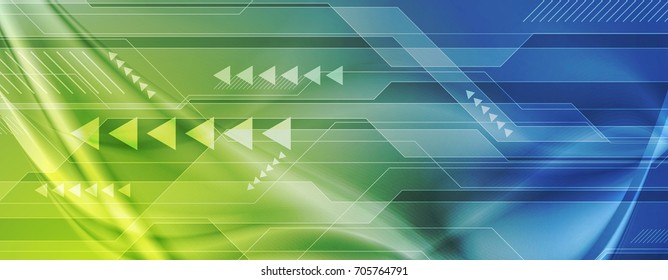 Green and blue abstract technology sci-fi wavy banner. Vector header background