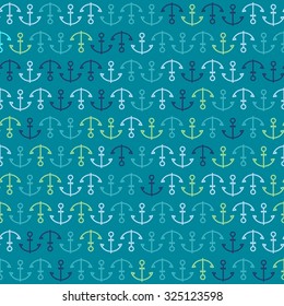 Green and Blue Anchors on Blue Background - Marine Style Seamless Pattern Background - Vector Illustration