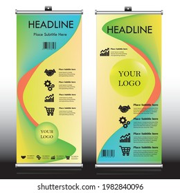 Green, blue and, yellow color mix rollup banner design template, CMYK color rollup banner template with dummy text, mockup and, dummy icons, blue yellow design roll-up stand design with text  