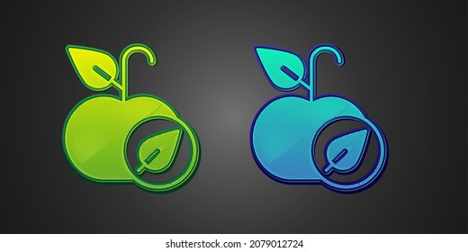 Green and blue Apple icon isolated on black background. Excess weight. Healthy diet menu. Fitness diet apple.  Vector