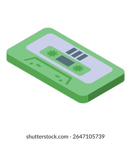 Cassete de áudio verde e azul deitado isometricamente, um símbolo nostálgico de gravação e reprodução de música analógica