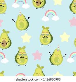 Green blue avocado seamless pattern with rainbow and heart.Avocado couple  vector illustration for background,wallpaper,frabic