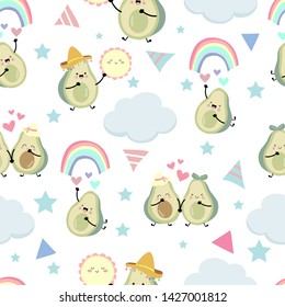 Green blue avocado seamless pattern with rainbow and heart.Avocado couple  vector illustration for background,wallpaper,frabic