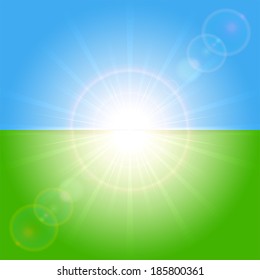 Green and blue background with shining Sun, illustration.