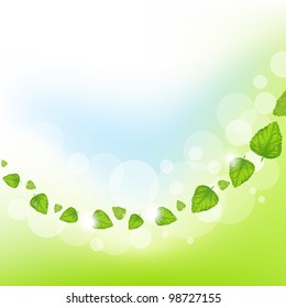 Green And Blue Background With Spring Leafs, Vector Illustration