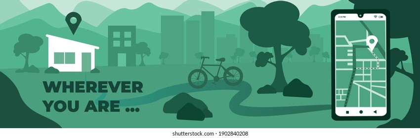 Green and blue Banner.  -Wherever you are- delivery app concept.