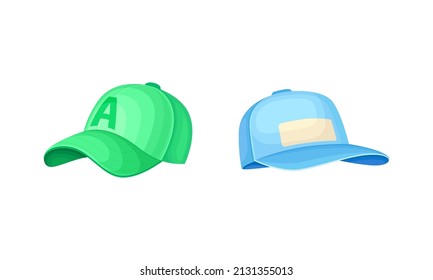 Las gorras de béisbol verdes y azules ponen una ilustración vectorial sobre fondo blanco