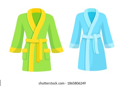 Green And Blue Bathrobe Mockup. Soft Comfortable Cotton Bathrobe For Spa And Bathroom. Personal Hygiene Items Cartoon Vector Illustration