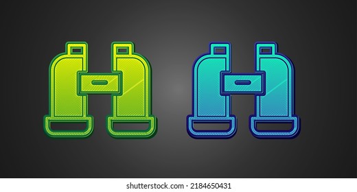 Green and blue Binoculars icon isolated on black background. Find software sign. Spy equipment symbol.  Vector