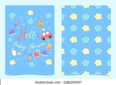 Green blue birthday invitation with pacifier,balloon,car,duck,nappy and ribbon. Hello baby shower