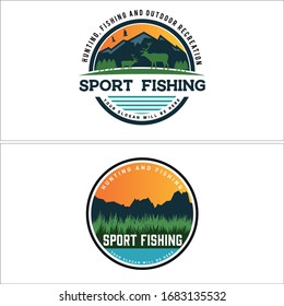 Green blue black circle grass plant leaf mountain wild deer bird tree vintage logo idea suitable for Sport Fishing Boat Show Outdoor travel illustration outdoor hiking retro nature explore tourism