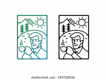Green blue and black line art style illustration of drinking coffee design
